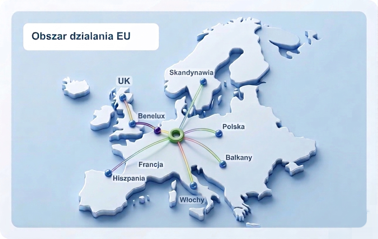 Nowoczesna mapa obszaru działania LitC Logistics w Europie